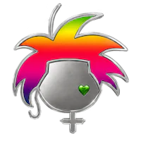 a rainbow haired woman with a heart on her head