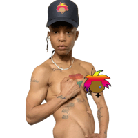 a naked man with tattoos and a hat