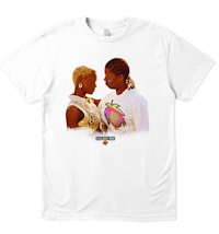 a white t - shirt with two women on it